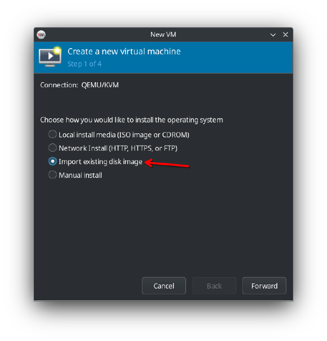 Screenshot: In Virtual Machine Manager, click &ldquo;import existing disk image&rdquo; radio selector (arrow indicates the correct choice)