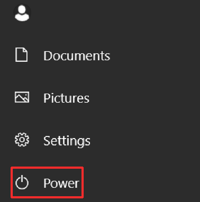 a Windows Start Menu cropped to only the bottom left corner with a red border on the power button